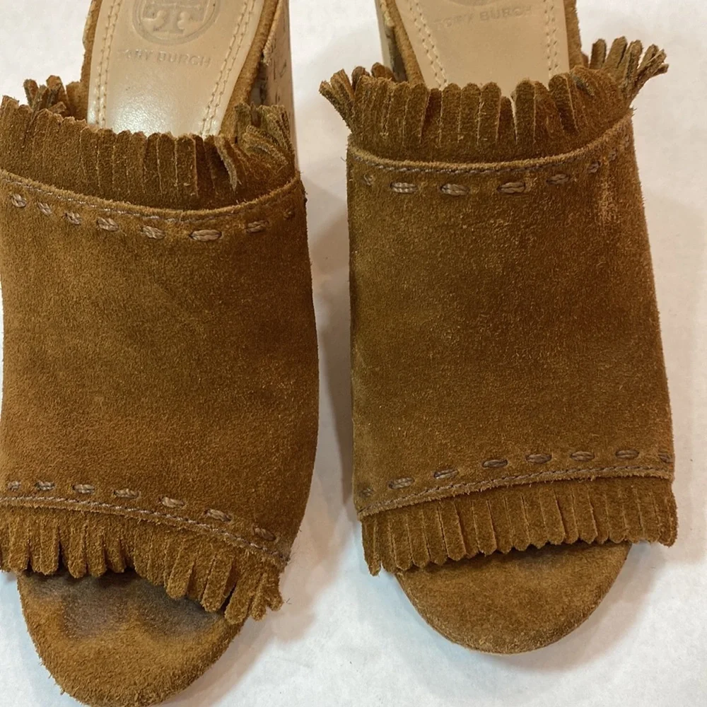 Tory Burch Huntington Heels western‎ slides suede fringe 38648